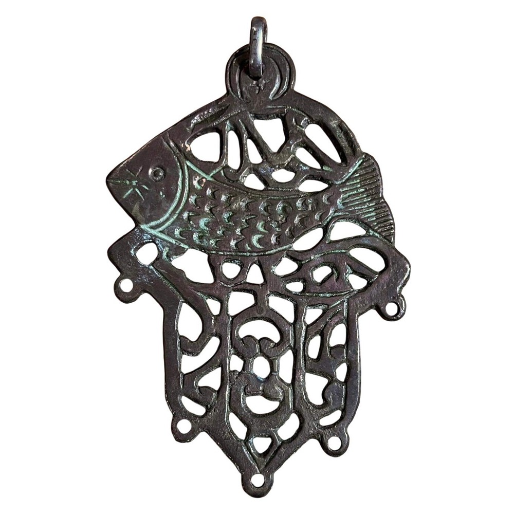 Vintage Brass Hamsa Wall Hanging Fish Mid Century Israeli Judaica Boho Spiritual